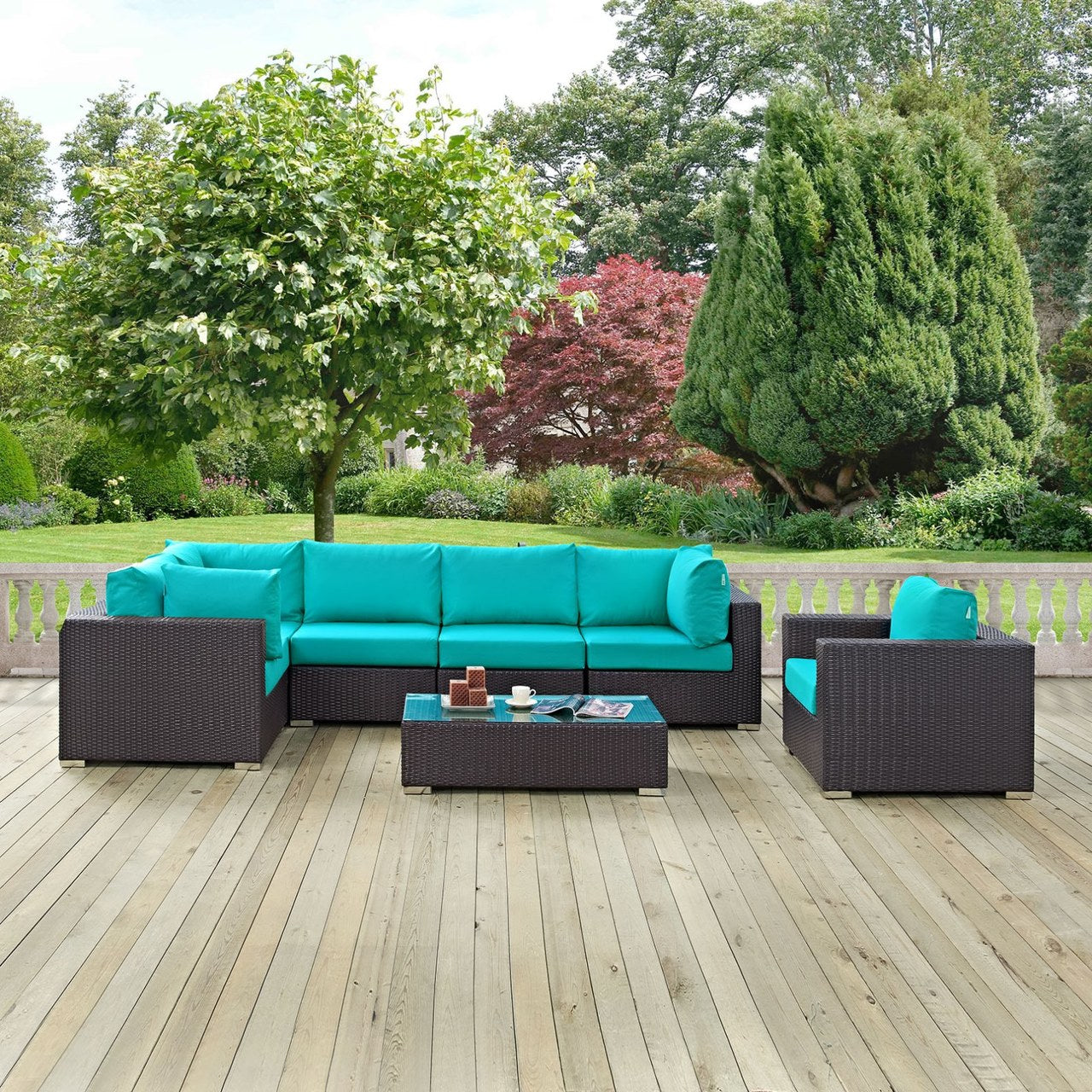 Convene Seven PCS Outdoor Patio Sectional Set, Blue, Rattan 10370
