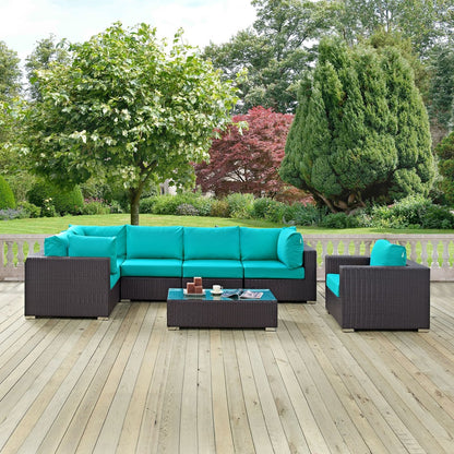 Convene Seven PCS Outdoor Patio Sectional Set, Blue, Rattan 10370