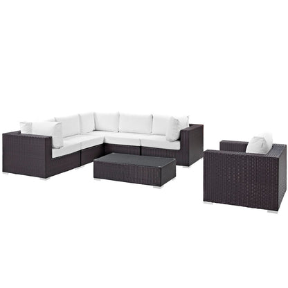 Convene Seven PCS Outdoor Patio Sectional Set, White, Rattan 10371