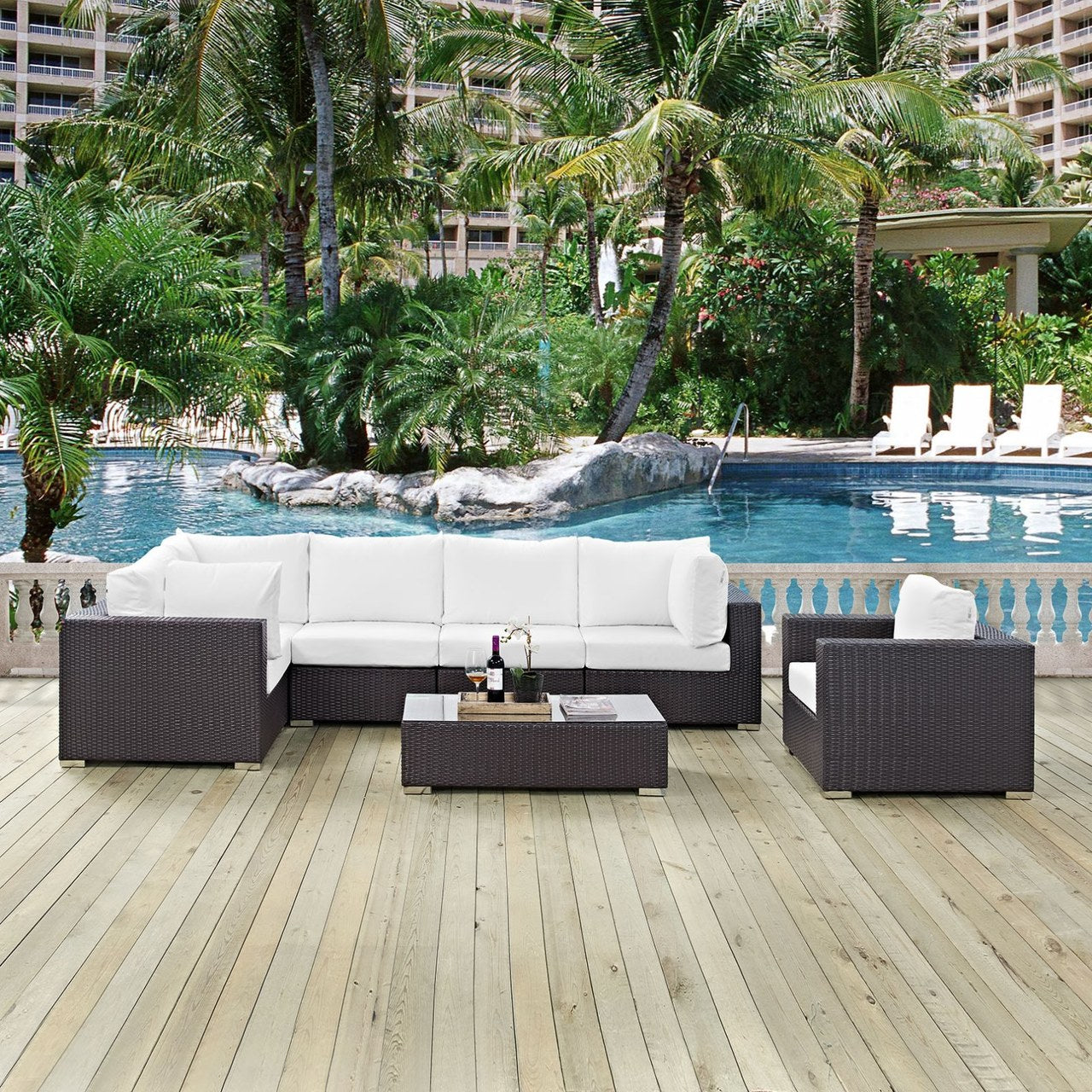 Convene Seven PCS Outdoor Patio Sectional Set, White, Rattan 10371