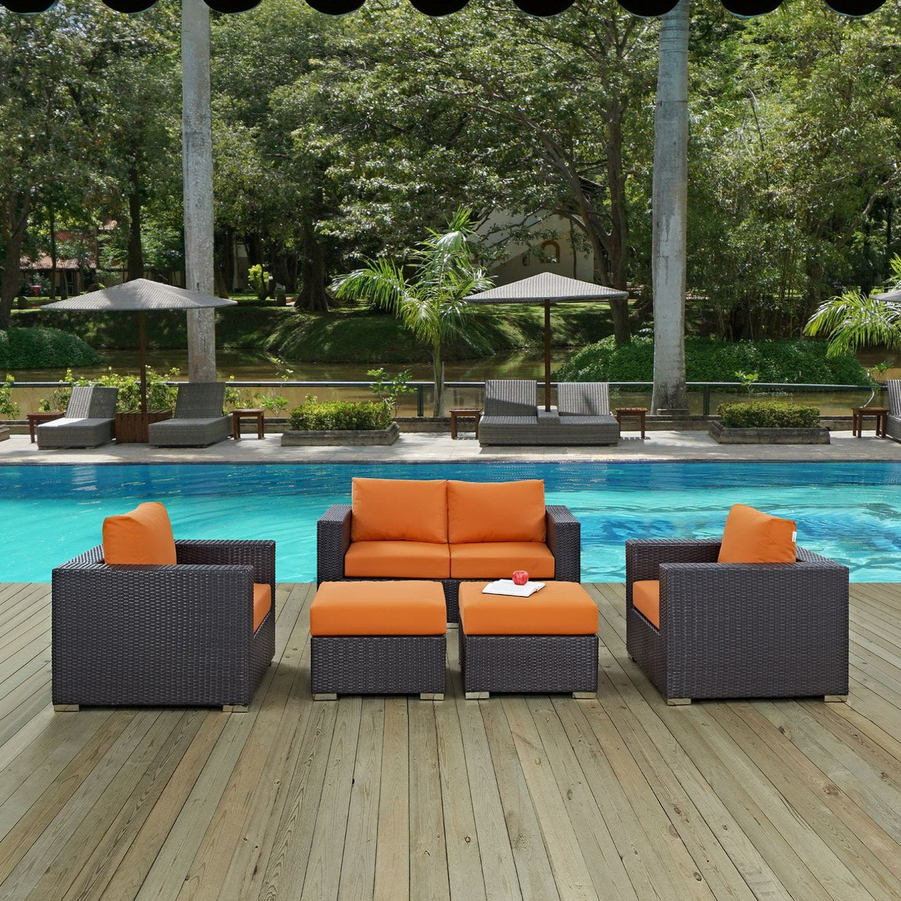 Convene Five PCS Outdoor Patio Sofa Set, Orange, Rattan 10374