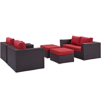 Convene Five PCS Outdoor Patio Sofa Set, Red, Rattan 10376