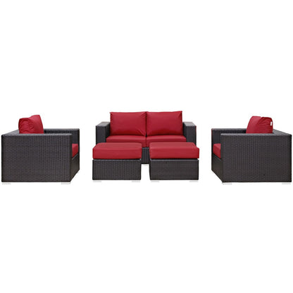 Convene Five PCS Outdoor Patio Sofa Set, Red, Rattan 10376