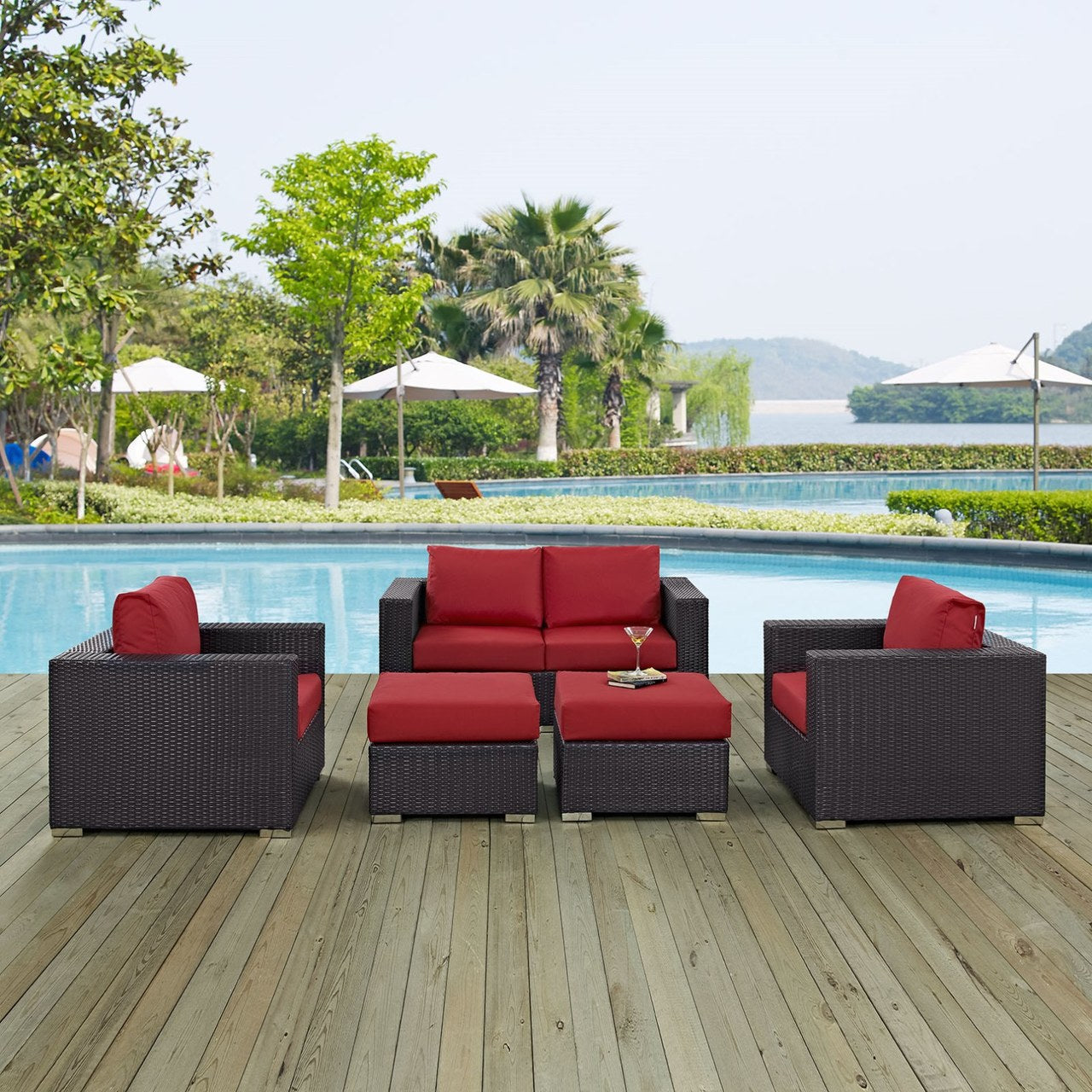 Convene Five PCS Outdoor Patio Sofa Set, Red, Rattan 10376