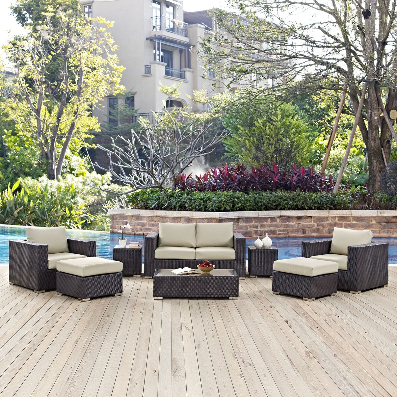 Convene Eight PCS Outdoor Patio Sofa Set, Beige, Rattan 10379