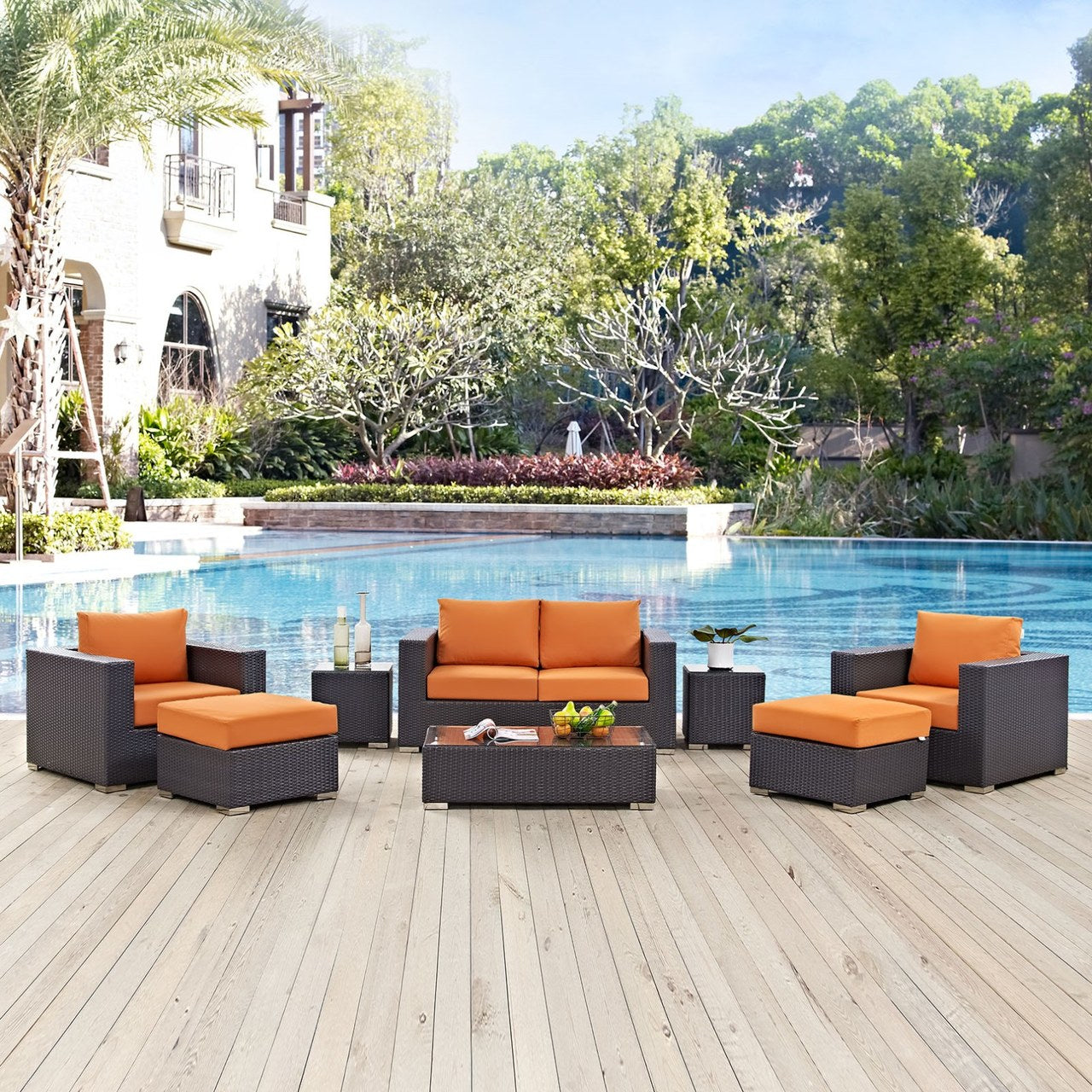 Convene Eight PCS Outdoor Patio Sofa Set, Orange, Rattan 10381