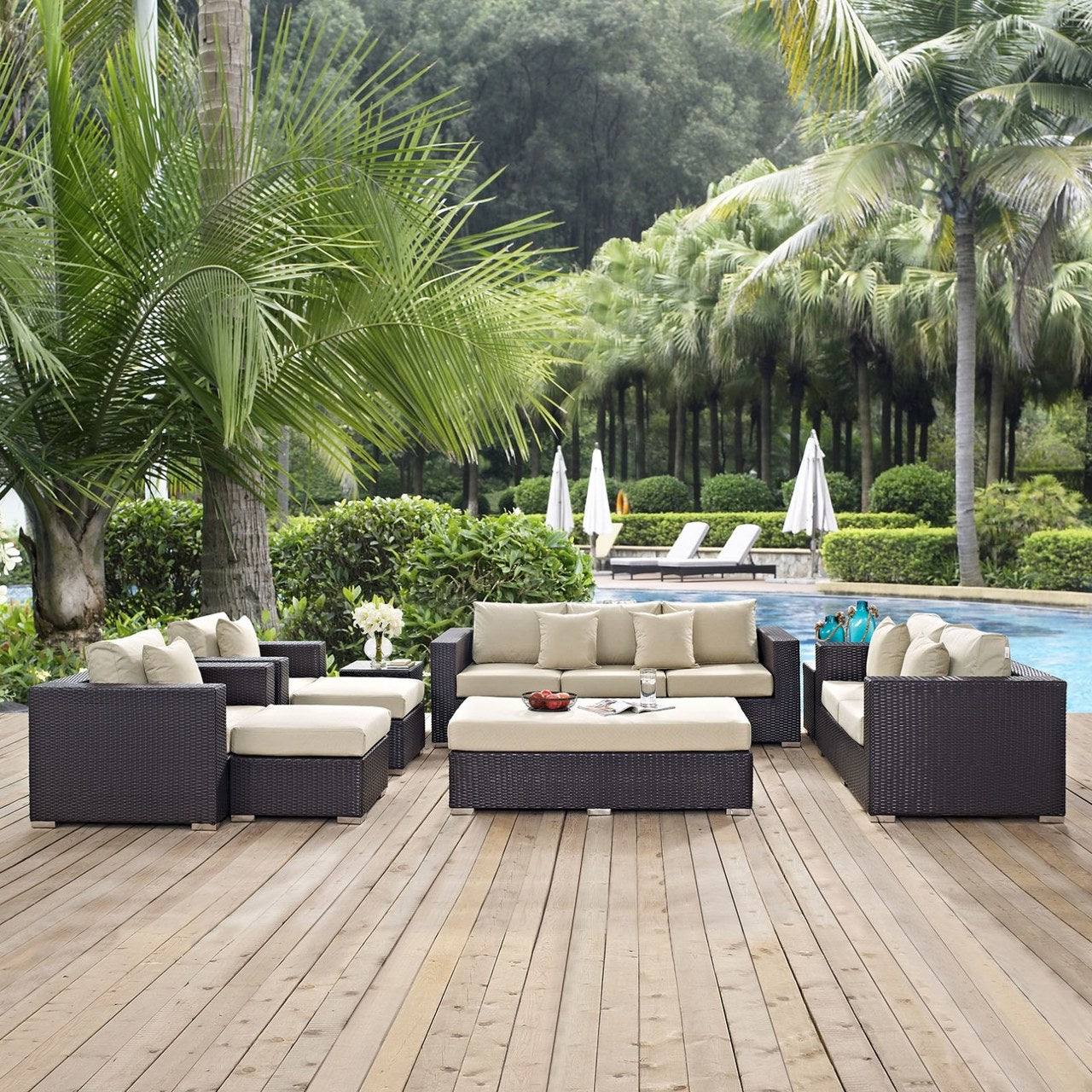 Convene Nine PCS Outdoor Patio Sofa Set, Beige, Rattan 10393