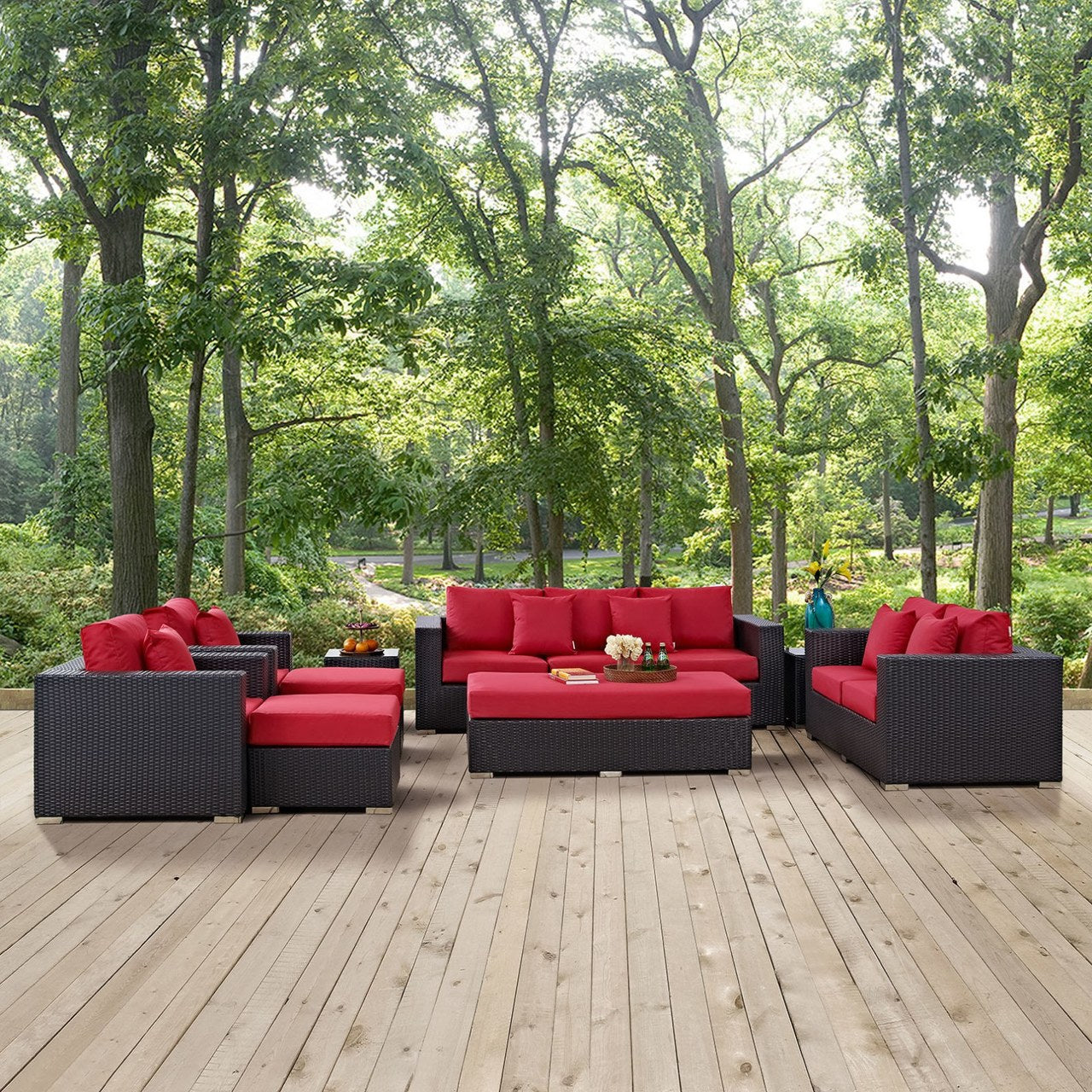 Convene Nine PCS Outdoor Patio Sofa Set, Red, Rattan 10397