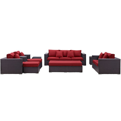 Convene Nine PCS Outdoor Patio Sofa Set, Red, Rattan 10397