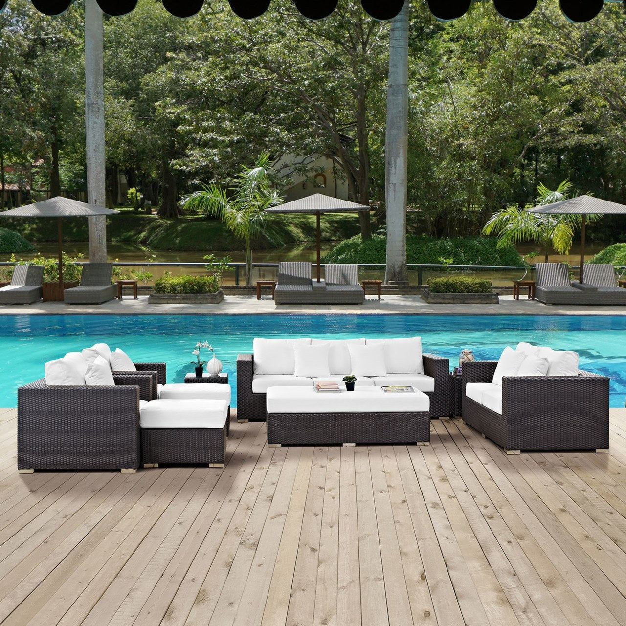 Convene Nine PCS Outdoor Patio Sofa Set, White, Rattan 10399