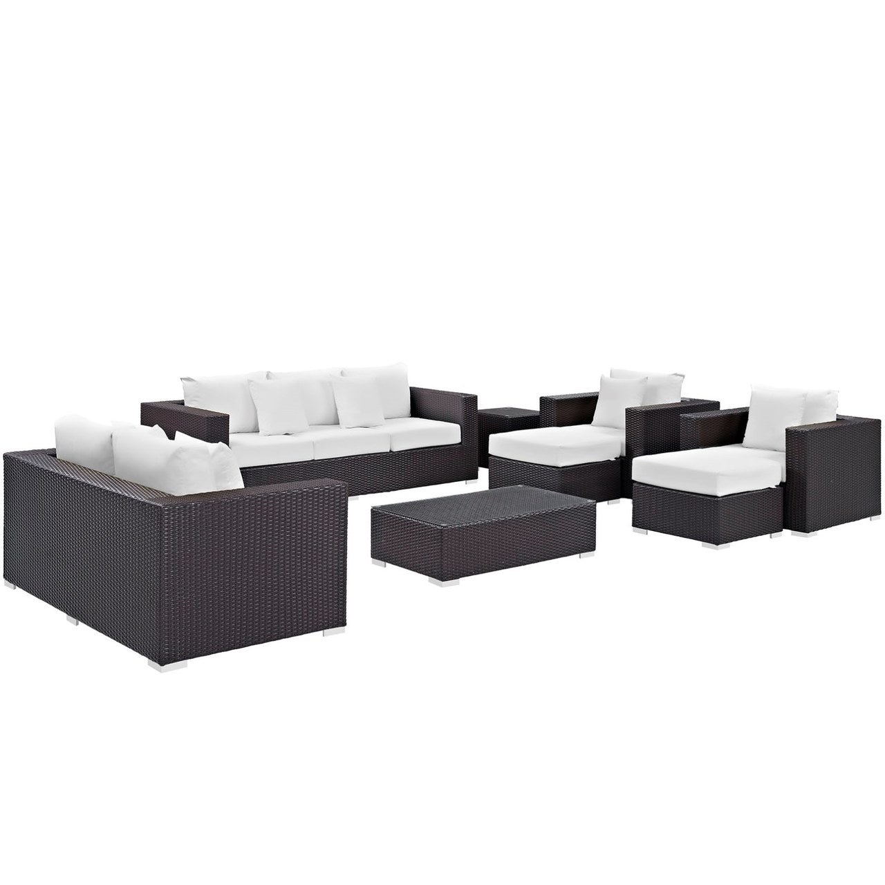 Convene Nine PCS Outdoor Patio Sofa Set, White, Rattan 10399