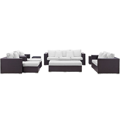 Convene Nine PCS Outdoor Patio Sofa Set, White, Rattan 10399