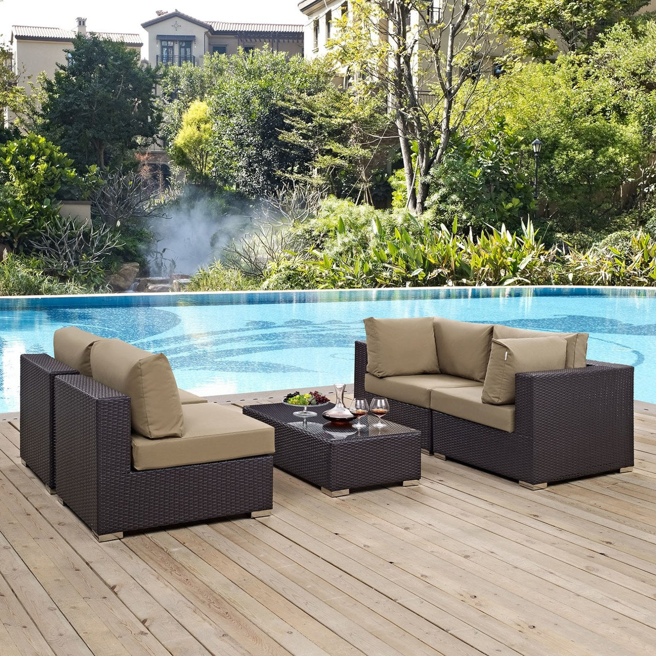 Convene Five PCS Outdoor Patio Sectional Set, Brown, Rattan 10408