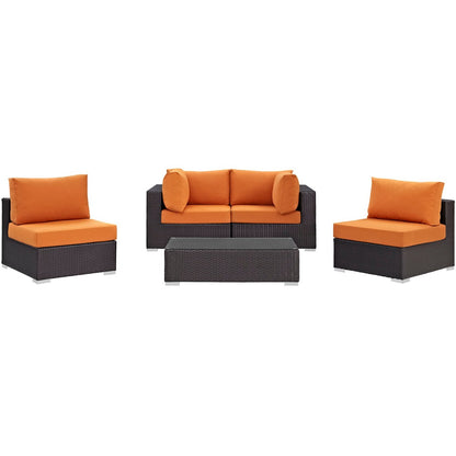 Convene Five PCS Outdoor Patio Sectional Set, Orange, Rattan 10409