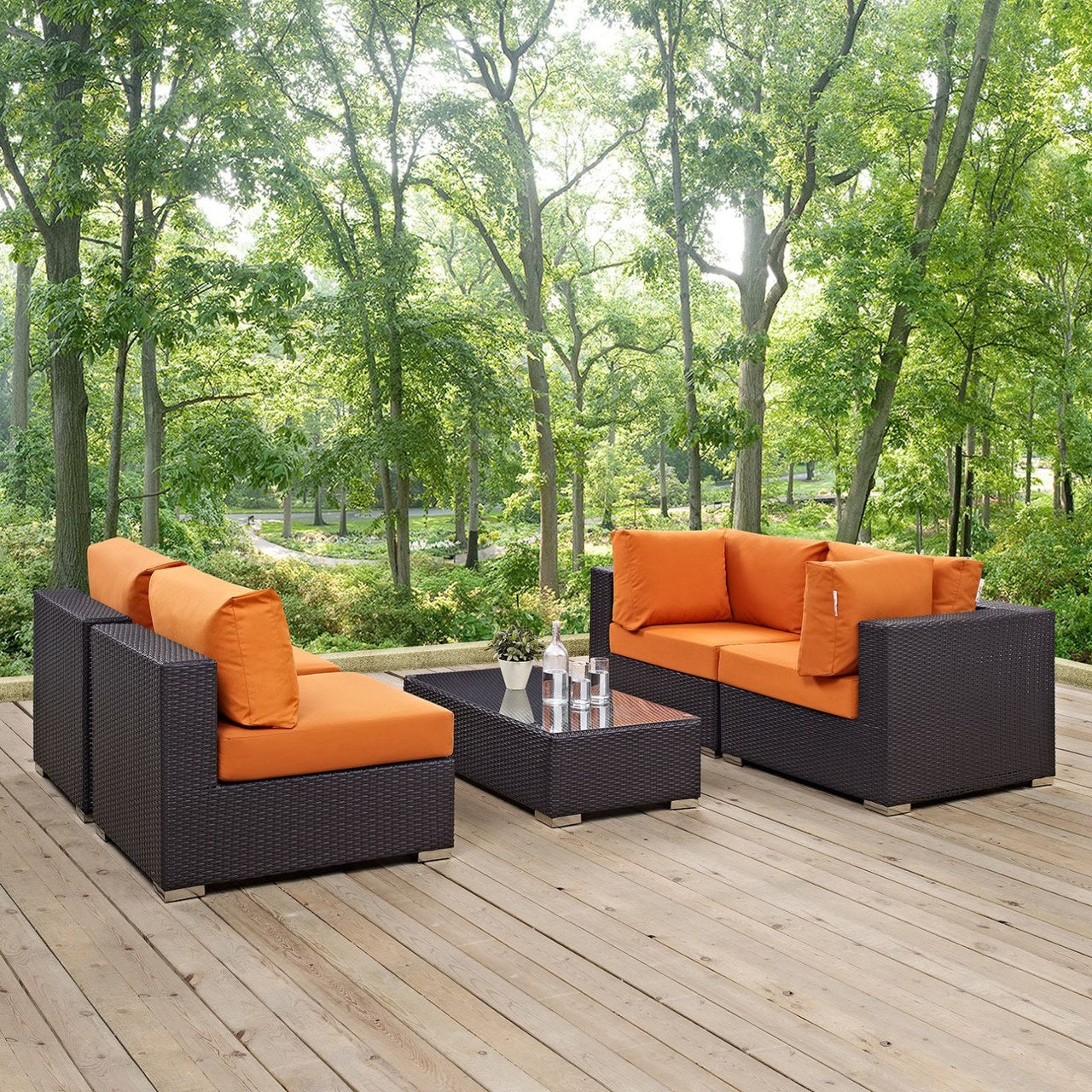 Convene Five PCS Outdoor Patio Sectional Set, Orange, Rattan 10409
