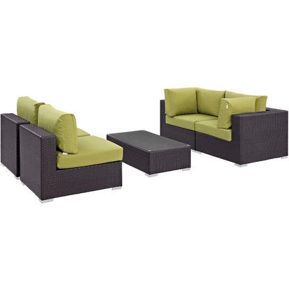 Convene Five PCS Outdoor Patio Sectional Set, Green, Rattan 10410