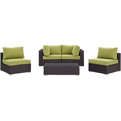 Convene Five PCS Outdoor Patio Sectional Set, Green, Rattan 10410