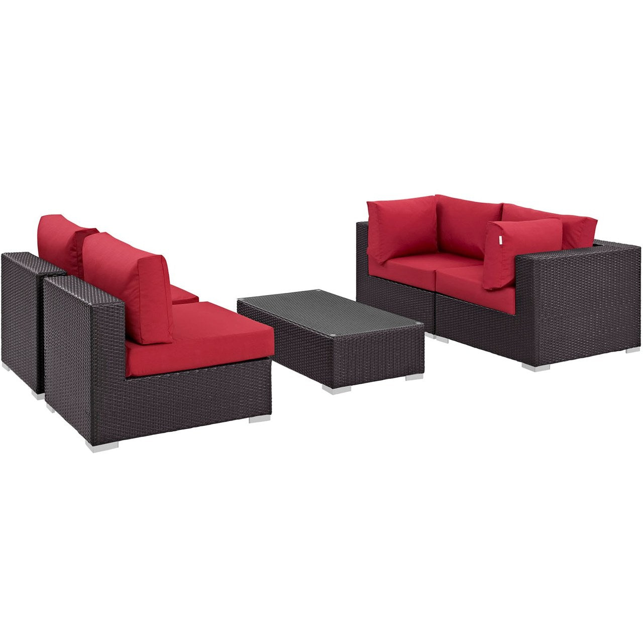 Convene Five PCS Outdoor Patio Sectional Set, Red, Rattan 10411