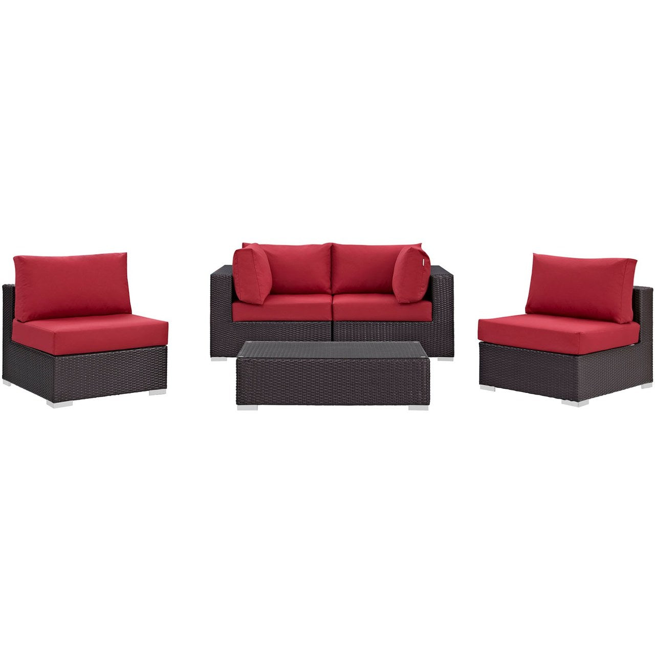 Convene Five PCS Outdoor Patio Sectional Set, Red, Rattan 10411