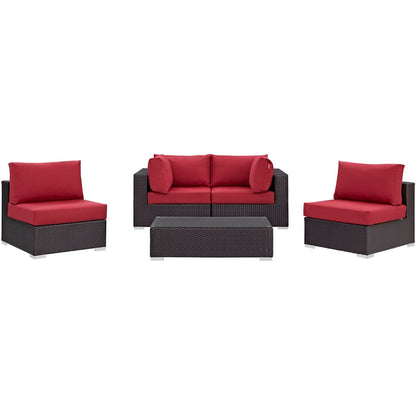 Convene Five PCS Outdoor Patio Sectional Set, Red, Rattan 10411