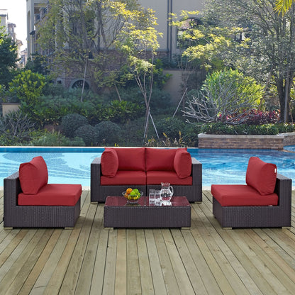 Convene Five PCS Outdoor Patio Sectional Set, Red, Rattan 10411