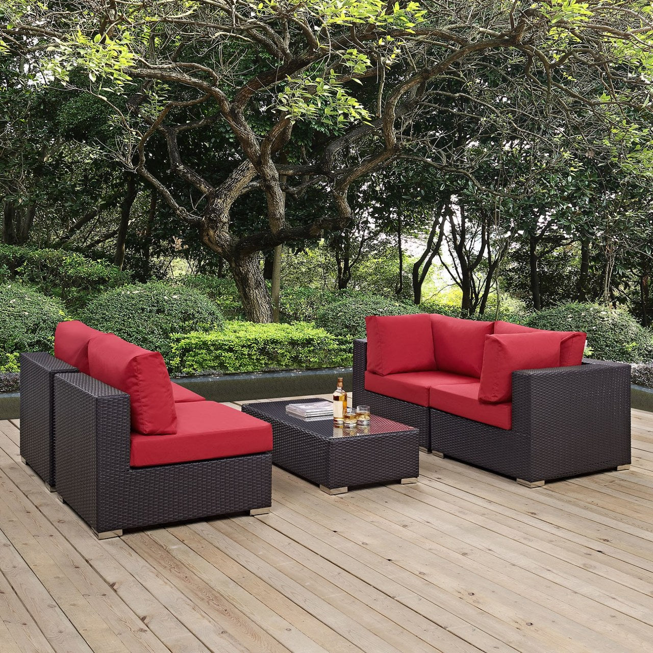 Convene Five PCS Outdoor Patio Sectional Set, Red, Rattan 10411