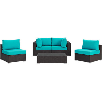 Convene Five PCS Outdoor Patio Sectional Set, Blue, Rattan 10412