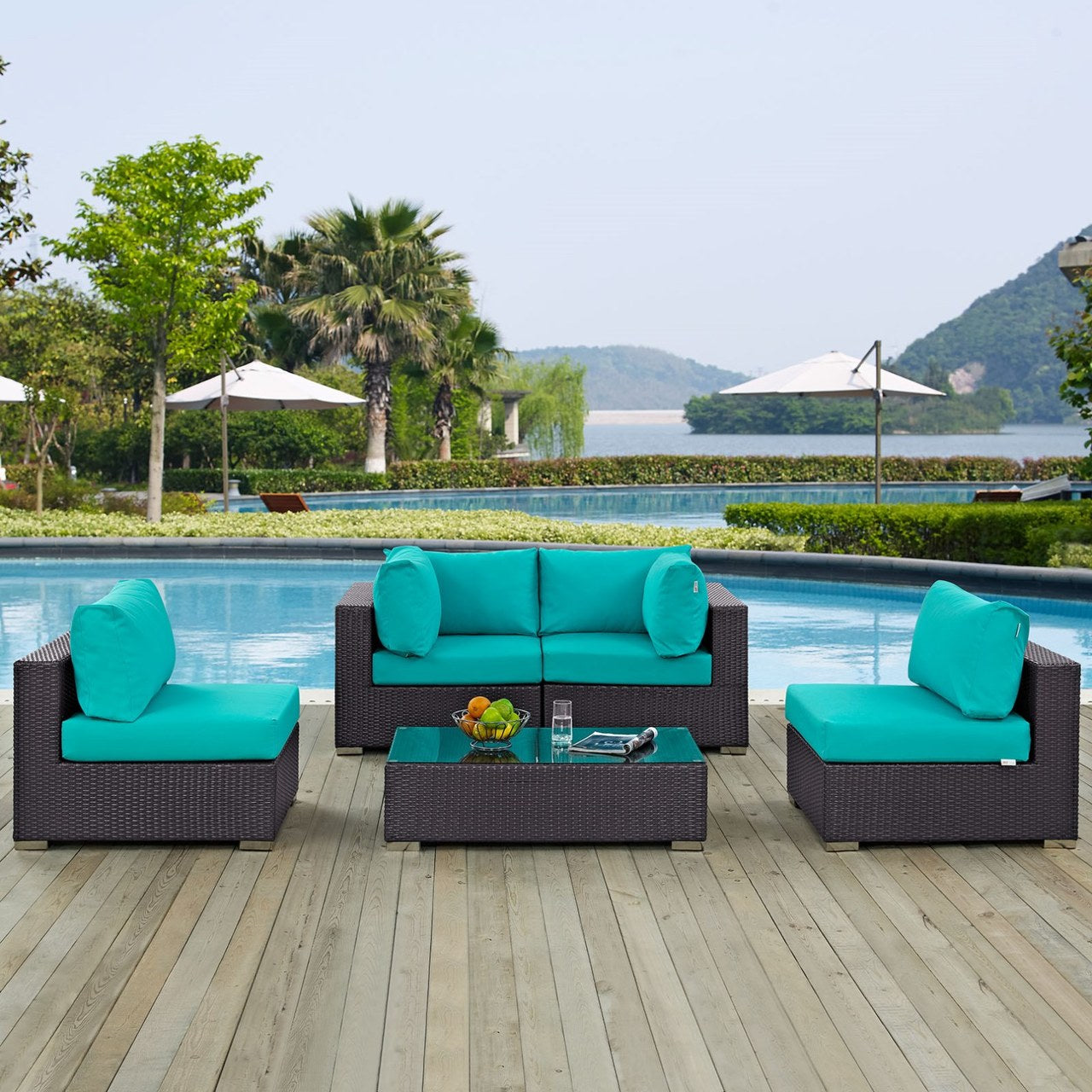 Convene Five PCS Outdoor Patio Sectional Set, Blue, Rattan 10412