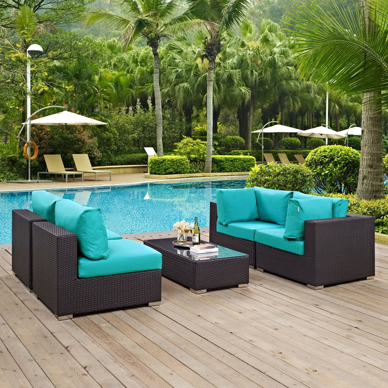 Convene Five PCS Outdoor Patio Sectional Set, Blue, Rattan 10412