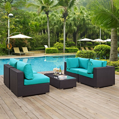 Convene Five PCS Outdoor Patio Sectional Set, Blue, Rattan 10412