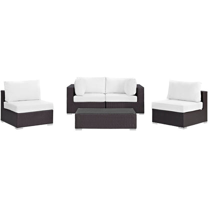 Convene Five PCS Outdoor Patio Sectional Set, White, Rattan 10413
