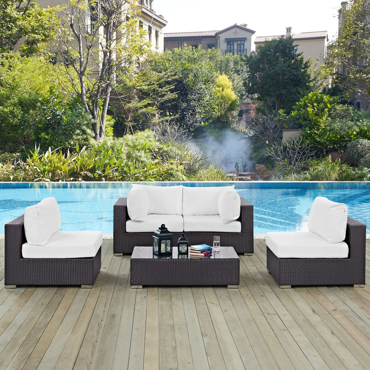 Convene Five PCS Outdoor Patio Sectional Set, White, Rattan 10413