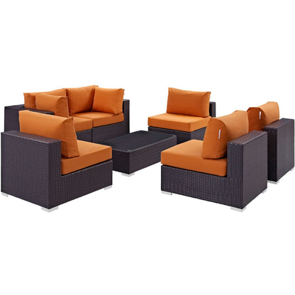 Convene Seven PCS Outdoor Patio Sectional Set, Orange, Rattan 10416