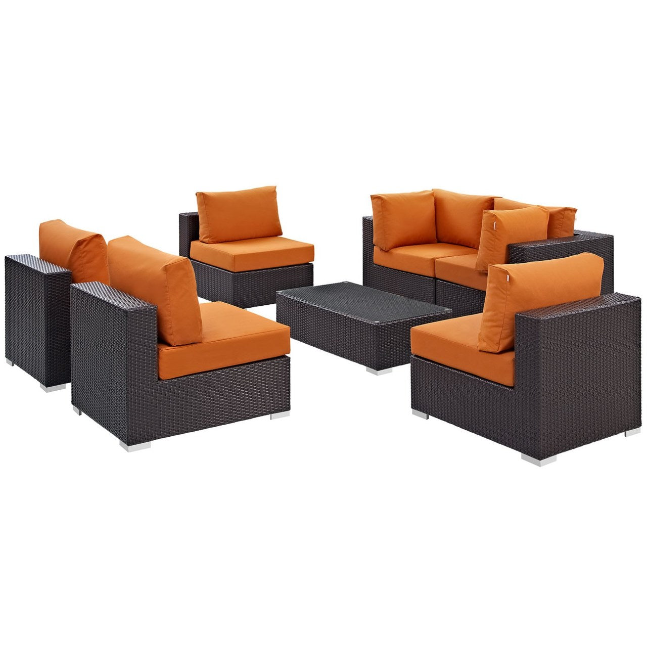 Convene Seven PCS Outdoor Patio Sectional Set, Orange, Rattan 10416