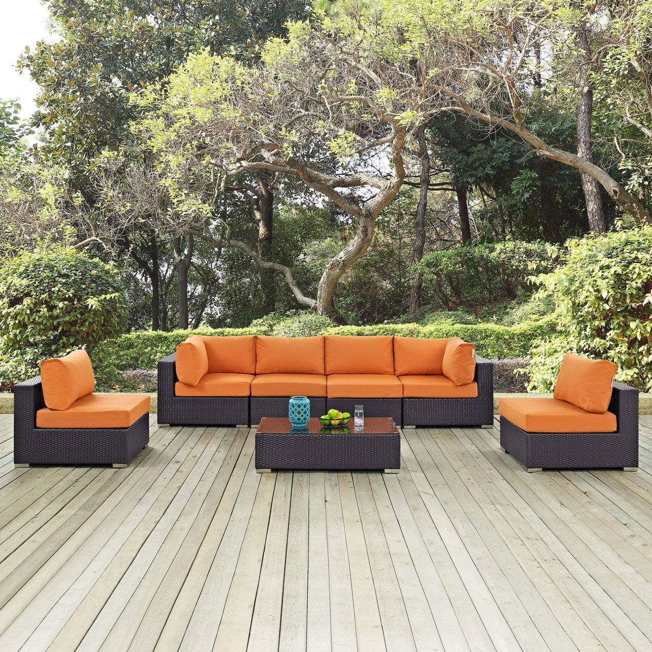 Convene Seven PCS Outdoor Patio Sectional Set, Orange, Rattan 10416