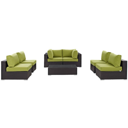 Convene Seven PCS Outdoor Patio Sectional Set, Green, Rattan 10417