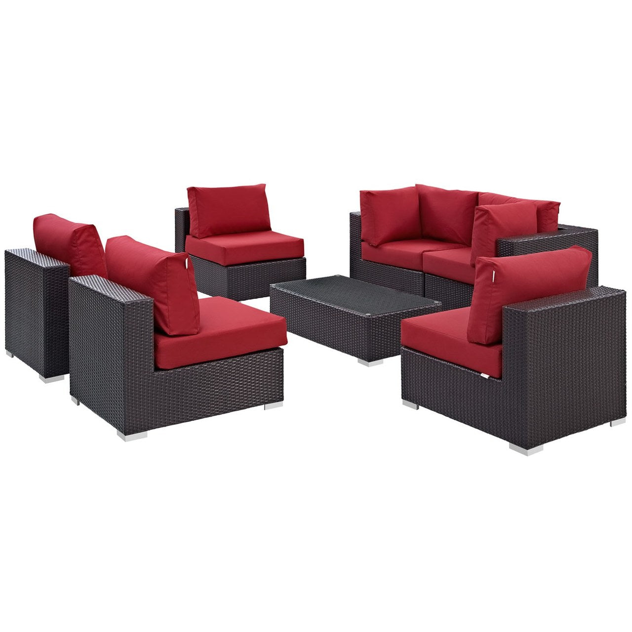 Convene Seven PCS Outdoor Patio Sectional Set, Red, Rattan 10418