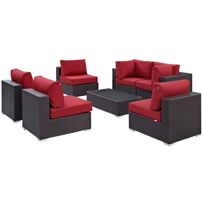 Convene Seven PCS Outdoor Patio Sectional Set, Red, Rattan 10418