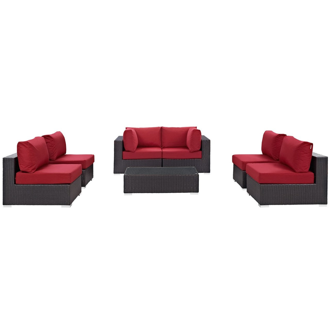 Convene Seven PCS Outdoor Patio Sectional Set, Red, Rattan 10418