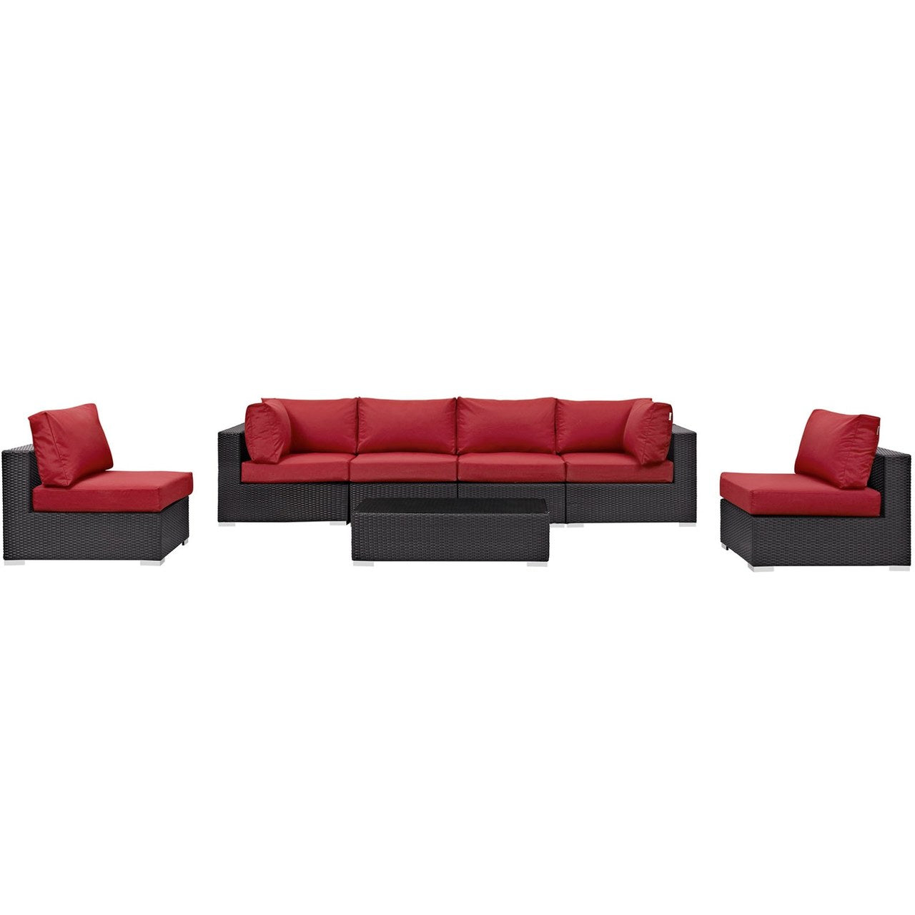 Convene Seven PCS Outdoor Patio Sectional Set, Red, Rattan 10418