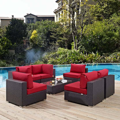 Convene Seven PCS Outdoor Patio Sectional Set, Red, Rattan 10418