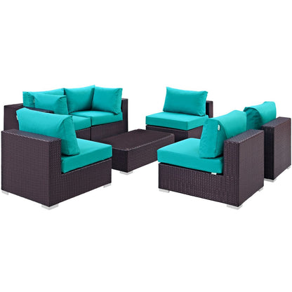 Convene Seven PCS Outdoor Patio Sectional Set, Blue, Rattan 10419