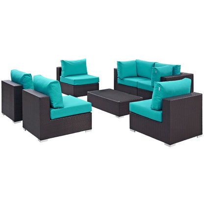 Convene Seven PCS Outdoor Patio Sectional Set, Blue, Rattan 10419