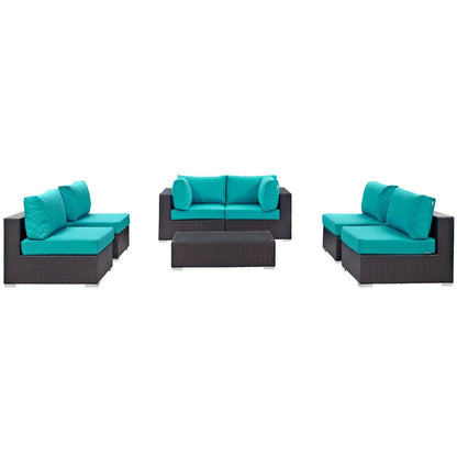 Convene Seven PCS Outdoor Patio Sectional Set, Blue, Rattan 10419