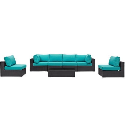Convene Seven PCS Outdoor Patio Sectional Set, Blue, Rattan 10419