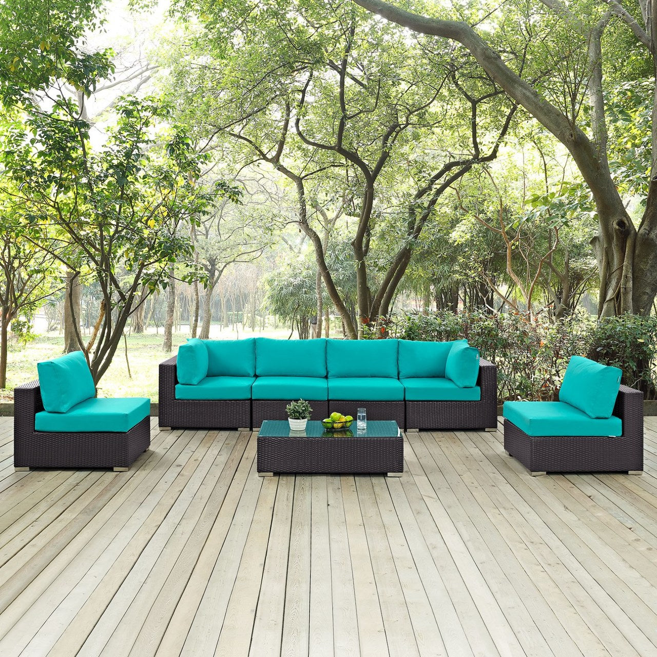 Convene Seven PCS Outdoor Patio Sectional Set, Blue, Rattan 10419