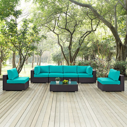 Convene Seven PCS Outdoor Patio Sectional Set, Blue, Rattan 10419
