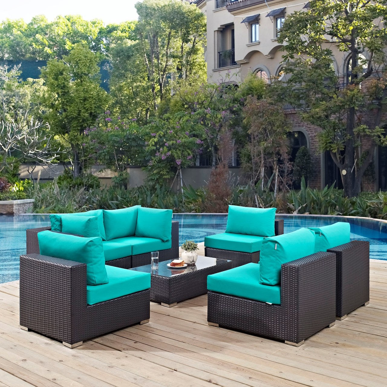 Convene Seven PCS Outdoor Patio Sectional Set, Blue, Rattan 10419