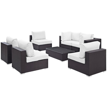 Convene Seven PCS Outdoor Patio Sectional Set, White, Rattan 10420