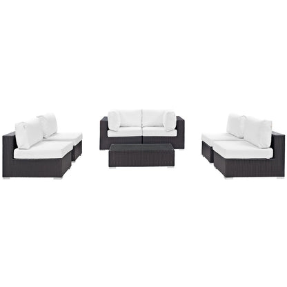 Convene Seven PCS Outdoor Patio Sectional Set, White, Rattan 10420